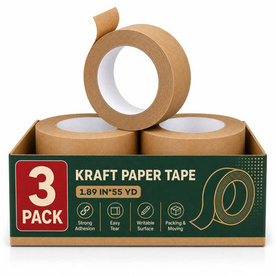 3 Pack Heavy Duty Paper Packing Tape,2 Inch Wide (1.89 in x 55 Yds),Eco Friendly & Biodegradable, Writable & Uncoated