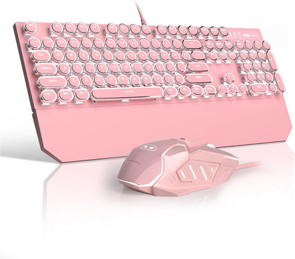 Retro Pink Typewriter-Style Keyboard and Mouse Combo, Cute Light Up Wired Mechanical Keyboard with Linear Red