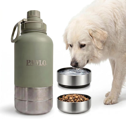 Outdoor Dog Water Bottle with 2 Stainless Steel Bowls — PAWLO 3-in-1 Portable Insulated 32oz Travel Dispenser for