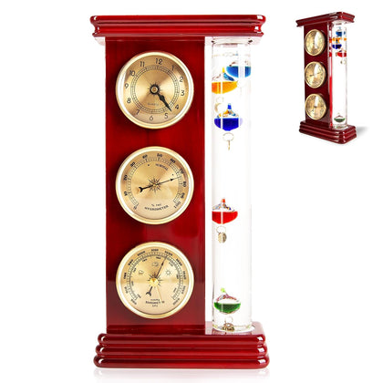 Classic Analog Weather Station with Galileo Thermometer,Barometer,Hygrometer,and Precision Quartz Clock.Home