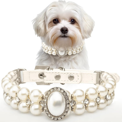 Small Dog Cat Big Pearl Collars with Crystal Rhinestone Diamond Décor, Adjustable Cute Fashion Pet PU Leather