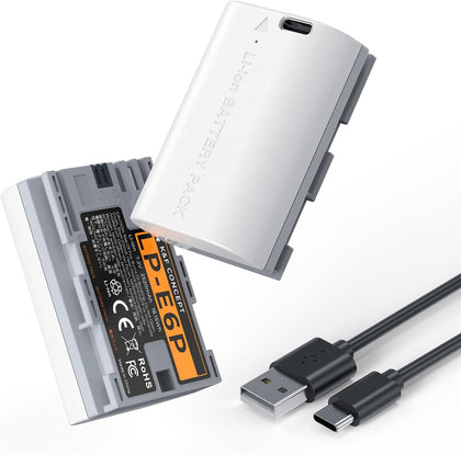 LP-E6P Battery, 2-Pack 2520mAh USB-C R6 Mark III Battery Compatible with Canon EOS R5 Mark II, C50 R6V R6 R7 5D 5DS R