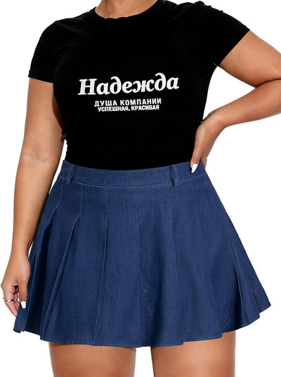 Women Plus Size Denim Pleated Skirt with Shorts Pockets