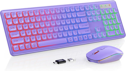Wireless Keyboard and Mouse Combo with RGB Backlit, Rechargeable | Light Up Letters, Full-Size, Soft Typing, Sleep