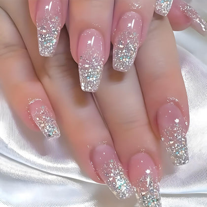 Glitter Press on Nails Coffin Long Pink False Nails With Designs Full Cover Reusable Acrylic Ballerina Artificial
