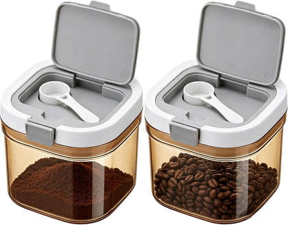 Coffee Canister with Scoop, 2 Pack 27oz Airtight Coffee Storage Container, Amber Light Blocking Jar, Wide Mouth for