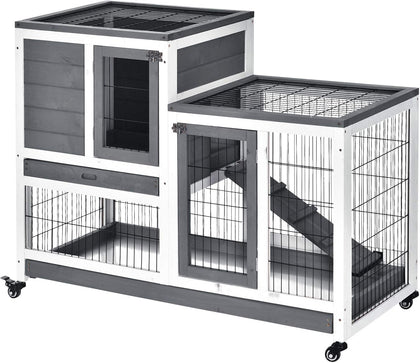Wooden Rabbit Hutch Elevated Bunny Cage Indoor Small Animal Habitat with Enclosed Run with Wheels, Ramp, Removable
