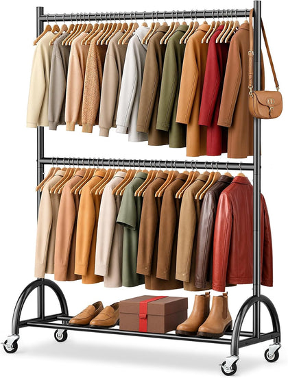 Heavy Duty Clothing Racks for Hanging Clothes Double Rod Rolling Closet Rack with Wheels for Coats, Garment Storage