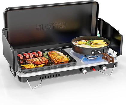 2-in-1 Portable Camping Stove & Propane Grill with Enamel Griddle & Piezo Igniter, Tabletop Camp Stove with Built-in