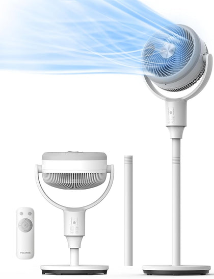 Omni-Directional Air Circulator Fan with Remote for Bedroom, White | Dual Height Standing Pedestal Fan with 3D Auto