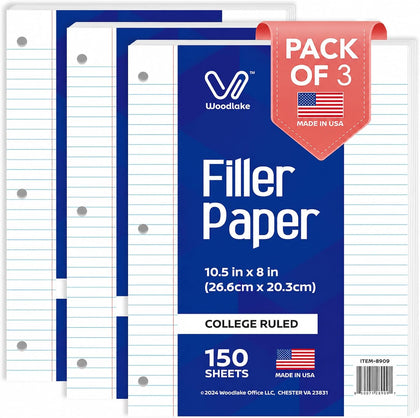 Loose Leaf Paper, College Ruled Notebook Paper, 8 x 10.5”, 150 Sheets per Pack, 3 Pack, Lined Filler Paper, 3 Hole