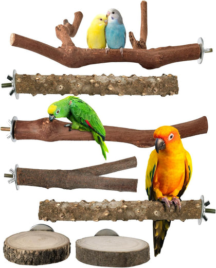 Bird Perch Stand 7PCS, Natural Grape Wood Pole Standing Parrot Cage Branch Paw Grinding Fork Parakeet Platform