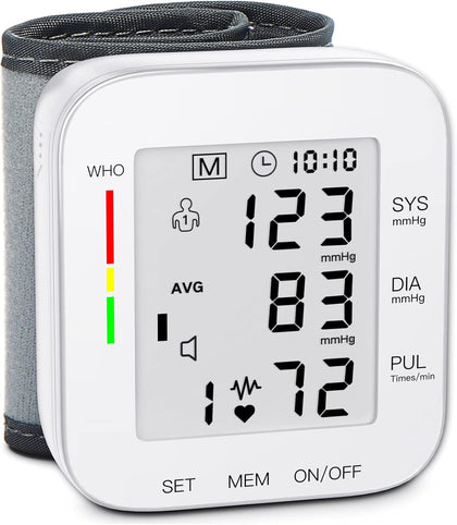 Wrist Blood Pressure Monitor Large LCD Display BP Machine Adjustable Cuff 5.31-7.68 inch Automatic 99x2 Sets Memory