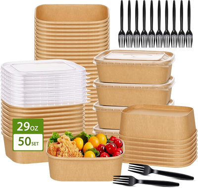 50 Disposable Meal Prep Containers 29oz Kraft Paper Bowls with Lids & Forks