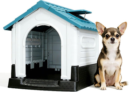 Dog House Outdoor for Small Dogs, Plastic Pet House with Adjustable Roof Window & Elevated Base, Foldable Doghouse