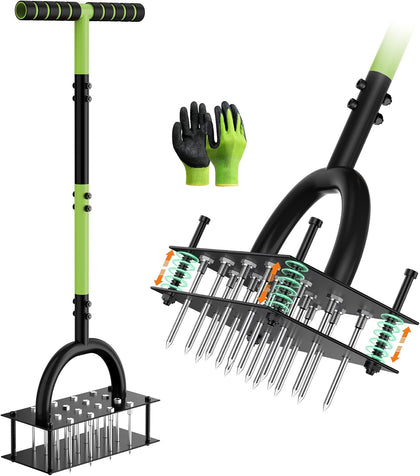 Lawn Aerator Tool with 16 Spikes, Manual Yard Aerator, Black Green | 16-Spike metal design with automatic soil