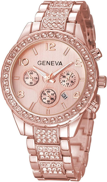 Luxury Unisex Crystal Diamond Watches Quartz Digital Calendar Rose Gold Silver Stainless Steel Watch