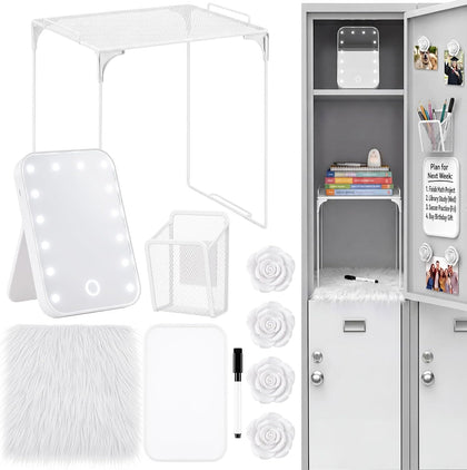 10 Pcs Locker Accessories with Locker Shelf, LED Mirror, Pen Holder, Magnetic Whiteboard with Marker, Back to School