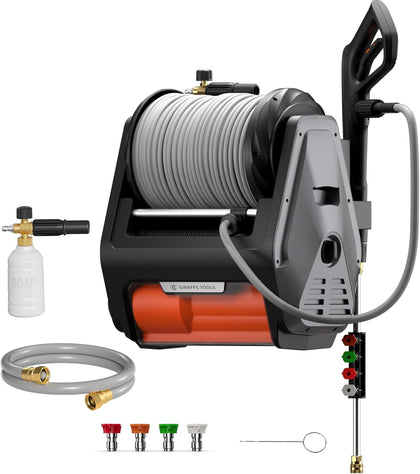 Grandfalls Retractable Wall Mounted Pressure Washer Pro, 3700 PSI, 1.6 GPM Electric Power Washer, Automatic Rewind