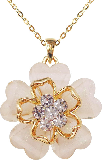 18k Gold Plated White Crystal Multicolor Acetate Blooming Flowers Pendant Necklace 16"+2"