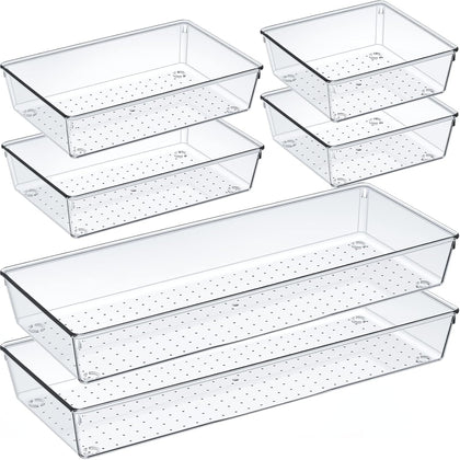 6 Pcs Large Size Clear Drawer Organizer Set, Acrylic Non Slip Non Cracking Kitchen Drawer Storage Tray Divider