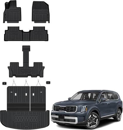 All Weather Floor Mats Cargo Mat with Backrest Mat for Kia Telluride 7&8 Seats 2020-2025 TPE Liners Accessories Guard