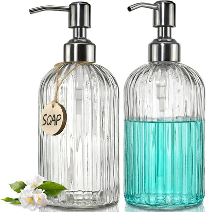 2PACK 18 Oz Glass Soap Dispenser with Rust Proof Stainless Steel Pump | Refillable Hand Soap Dispenser with Vertical