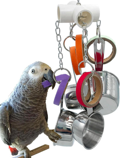 Durable Bird Parrots Pots and Bagel Toys, Pullable Stainless Steel Cup and Cardboard Ring Toys for Amazons Mini