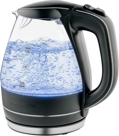 1.5L Glass Electric Kettle Water Boiler, Black KG83B | 1100W Fast Boiling, Borosilicate Glass, BPA-Free, Blue LED