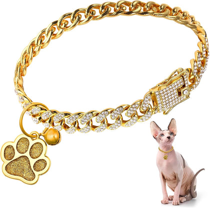 Cat Collar Chain Diamond Jewelry Gift, 12 Inch, Gold