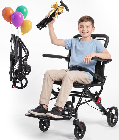 Lightweight Wheelchair for Kids & Teens, 17.7" Wide Seat Foldable Transport Chair for Petite Adults Under 150 lbs