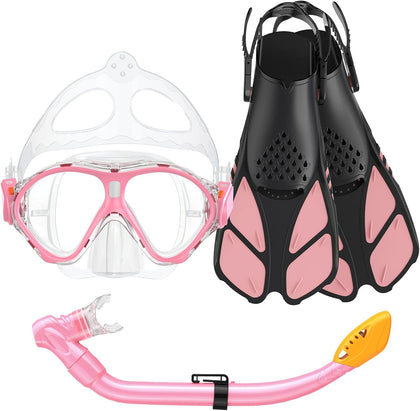 Kids Snorkel Set, Snorkeling Gear for Kids with Mask Fins | Dry Top Snorkel, Anti-Fog Tempered Glass Mask, Adjustable