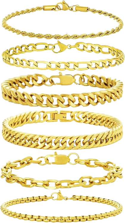 6pc Silver/Gold/Black Stainless Steel Bracelets for Men Gifts | 6.5/7/7.5/8.3/9 Inches Cuban Link Chain Bracelets Set