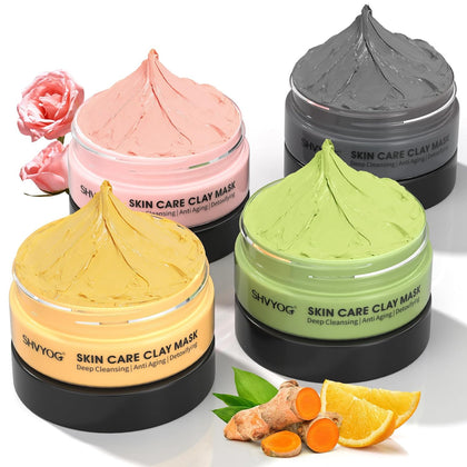 4Pcs Face Mask Set - Turmeric Clay Mask, Vitamin C, Green Tea, Rose, Dead Sea Mud Mask, Skin Care Mask for Deep