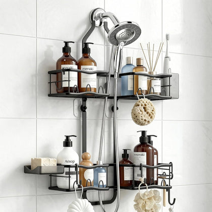 Shower Caddy Hanging Organizer Over Showerhead, Rustproof Black | 2-Tier No-Drill Hanging Shower Organizer with