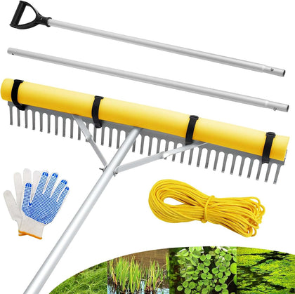 Floating Lake Rake, 36" Aluminum All Purpose Lake and Landscape Rake with 102'' Extension Handle and 52Ft Rope, Weed