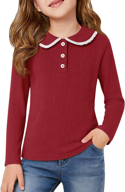 Girls Long Sleeve Polo Shirts Peter Pan Collar Knit Tops 5-14Y | Kids Ribbed Knit School Uniform Shirt, Cute Collared