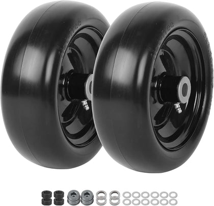 (2-Pack) 9x3.50-4” Flat Free Lawnmower Tire and Wheel Assemblies - PU Tire on Wheel and Adapter Kits with 3.5"