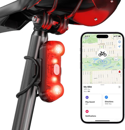 Bike Tail Light with Bike Tracker, GPS Real-Time Track (iOS Only, Work with Apple Find My), 3 Light Modes