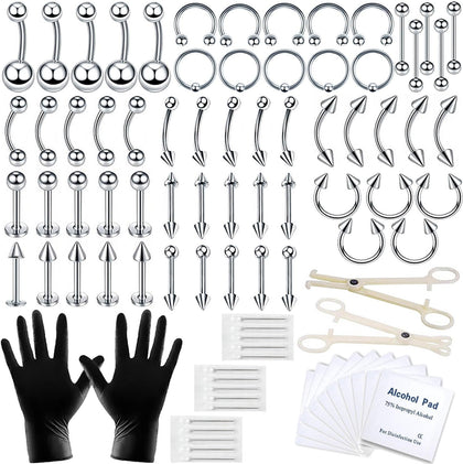 84+98+120PCS Body Septum Piercing Kit 14G 16G Tools for Nose Tongue Lip Ear Eyebrow Belly Button Cartilage Tragus