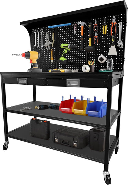 48 Inch Workbench with Drawers, Pegboard & Storage– 3-Tier Garage Work Table with 2 Drawers, 2 Open Shelves & 35