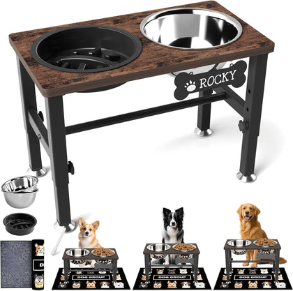 Elevated Dog Bowls with Slow Feeder & Mat for Medium and Large Dogs, 12" Tall Adjustable Wooden & Metal Raised Dog