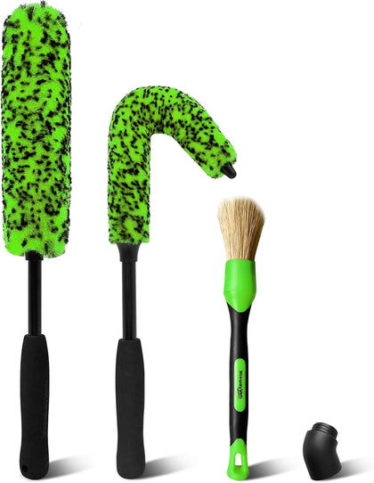 3PCS Quick Car Wheel Brush Kit, 360° Bendable Rim Cleaner, Green | 2-Size Flexible Rim Cleaning, Boars Hair Detailing