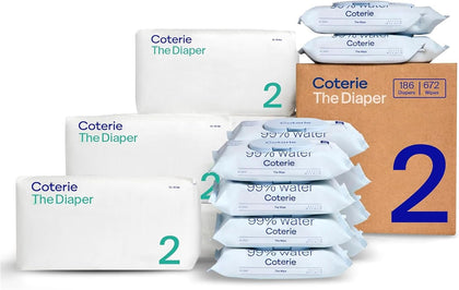 Baby Wipes + Diapers Kit, Size 2 Diapers, 12-Pack Wipes | Includes Size 2 diapers (186 ct), 12 pk (672 ct) wipes, 99%
