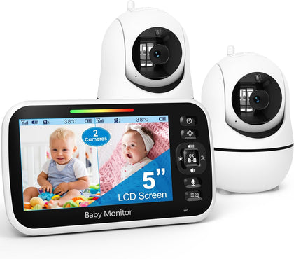 5" Split Screen Baby Monitor with 2 Cameras and Audio | No WiFi Secure Camera, 30-Hour Battery, Remote PTZ, Auto