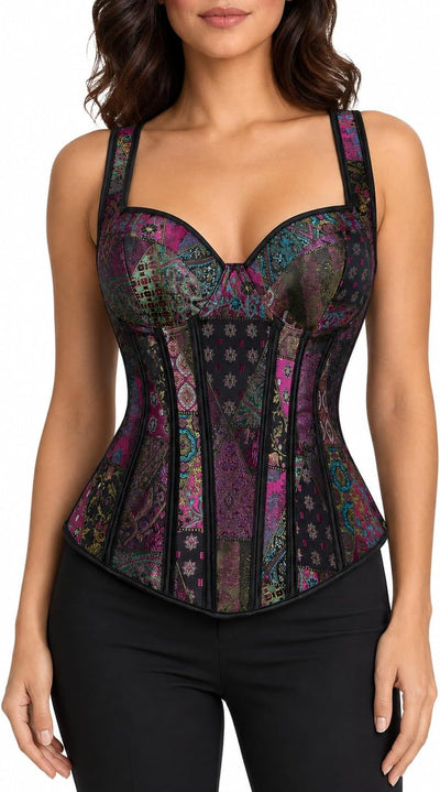 Women's Brocade Overbust Corset Top with Shoulder Straps