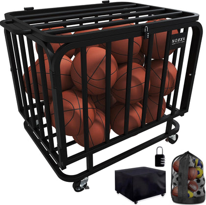 Ball Cart - Basketball Cart with Wheels, Ball Cage Garage Sports Equipment Organizer, Metal Rolling Multi Sports Ball