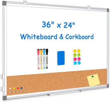Whiteboard Cork Board Combo for Wall, WALGLASS 36" x 24" Double-Sided Large Dry Erase Whiteboard Corkboard