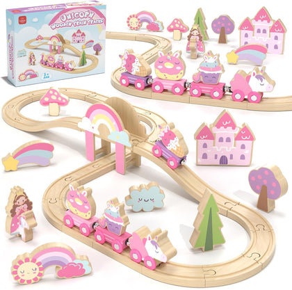 Wooden Train Set for Girls, Pink Unicorn Train Set | Princess and Castle Pieces for Imaginative Play, Compatible with