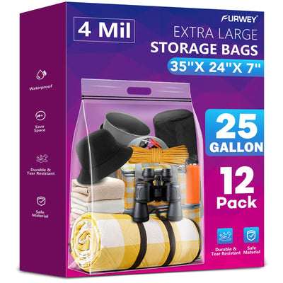 25 Gallon Storage Bags,35x24,Clear Resealable,Heavy Duty 4Mil,12Pack